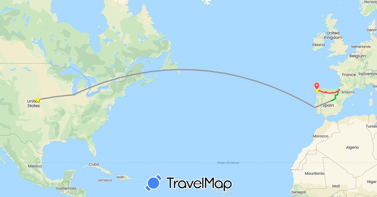 TravelMap itinerary: driving, bus, plane, hiking in Spain, France, Portugal, United States (Europe, North America)